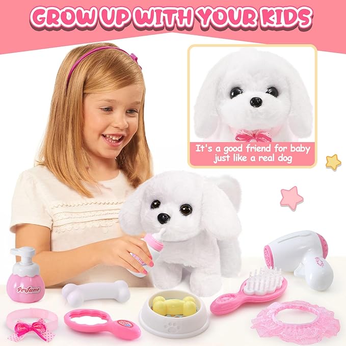 Golray Dog Toys for Kids Girls, Stroller & Electronic Interactive Stuffed Dog Plush Can Walk Bark, 10 Pcs Toddler Girl Toy Dog Puppy Pet Care Pretend Play Set, Birthday Gifts for Little Girl 3 4 5 6 7