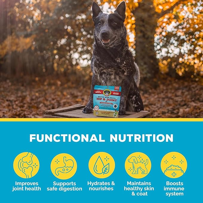 Brutus Broth Dog Food Topper - Instant Bone Broth Powder for Adult Dogs - Supports Hip and Joint Function - Human-Grade Quality - Serve Dry or Wet - Beef Flavor - 3.5 oz Pack (Makes 130 oz with Water)