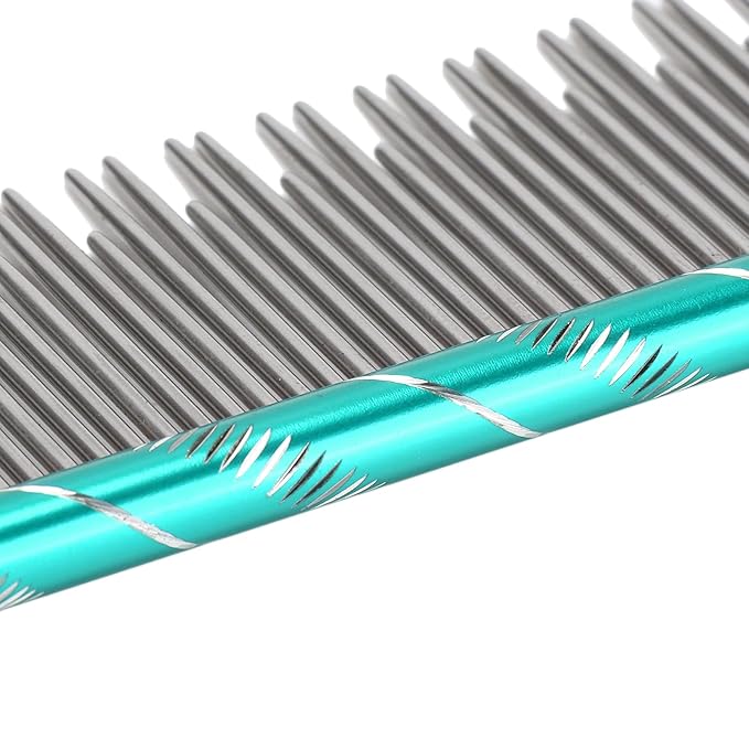 Pet Hair Removal Comb, Stainless Steel Cat Grooming Tool with Dual - Density Teeth, Open Knot Comb for Long and Short Haired Cats, Ergonomic Non - Slip Handle (Green)