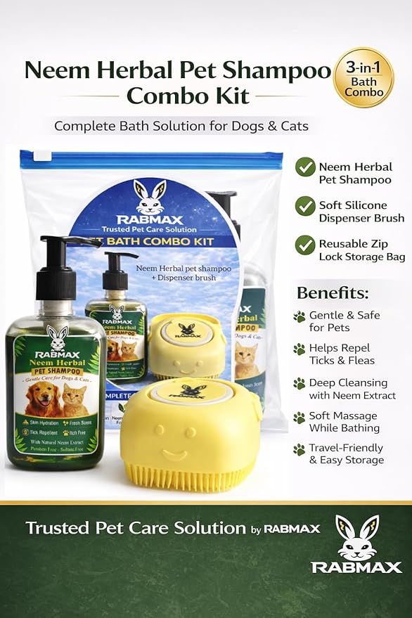 Pet Bath Combo kit-Neem Herbal Shampoo & Silicone Dispenser Brush with Reusable Zip-Lock Bag | Dog cat Grooming Supplies for Gentle Skin Care, Easy Bathing Solution
