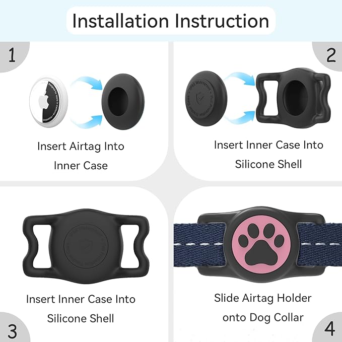 2-Pack Airtag Holder for Dog Collar, Waterproof Silicone Protective Case Cover, Anti-Lost Tracker Universal Fit for All Width Pet Collars(Black&Pink)