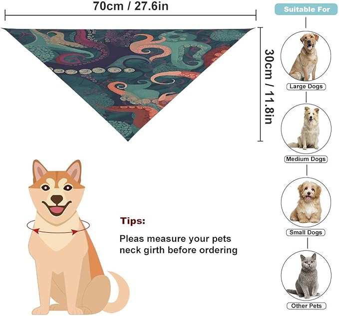 Dog Bandana Spring Pet Scarf Adjustable Triangle Abstract Octopus Printing Dog Bib Washable Polyester Puppy Bandana for Small Medium Large Dogs Cat Birthday Party Supplies