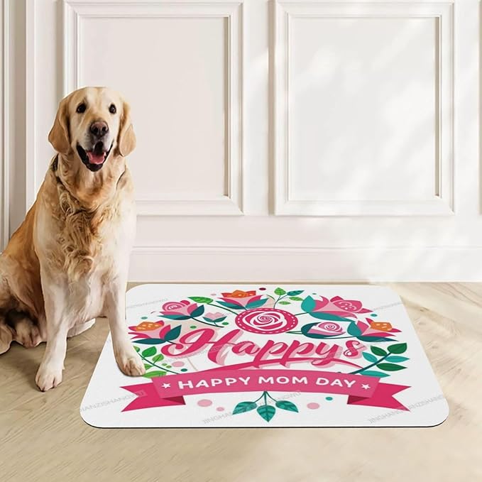 Dog Food Mats for Floors Absorbent Pet Cat Food Mat Happy Mother's Day Floral Gift Mom T Non Slip Dogs Bowl Mats for Water Dog Placemats Feeding Mat Pet Supplies 24x16In