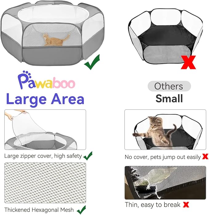 Pawaboo Extra Large 2-in-1 Small Animals Playpen, 2 Detachable Pet Cage Tent with Zipper Splicing, Portable Outdoor Yard Fence with 3 Metal Rod for Chick/Kitten/Puppy/Guinea Pig/Rabbits, Gray
