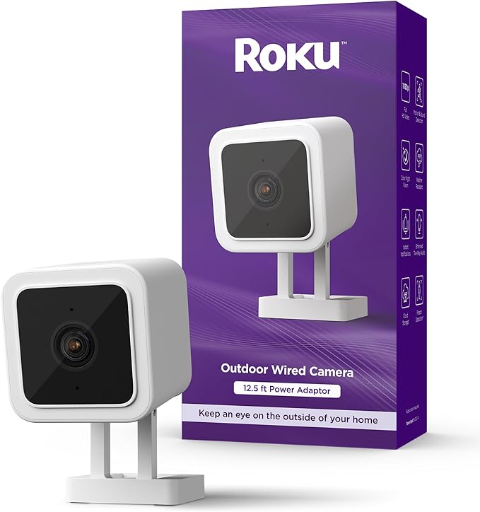 Roku Outdoor Camera for Home Security - IP65 Weather Resistant Wired Security Camera with 1080p HD Night Vision, Works with Alexa & Google, Motion & Sound Detection - 90-Day Subscription Included