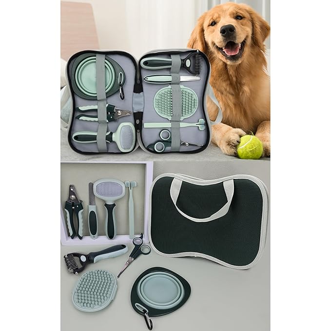 Grooming Brush Kit 8pcs for Shedding Matted Fur Self-Cleaning with Cat Dog Grooming Scissors Flea Comb Pet Grooming and Comb Bath Brush for Indoor Long-Haired Cats
