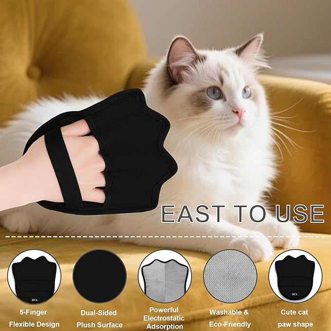 RCL Pet Hair Removal Glove, Upgraded Reusable Electrostatic Pet Hair Remover Mitt for Cats & Dogs, 5-Finger Design Grooming Glove for Sofa, Clothes, Carpet, Car Seat (1pc, Black)