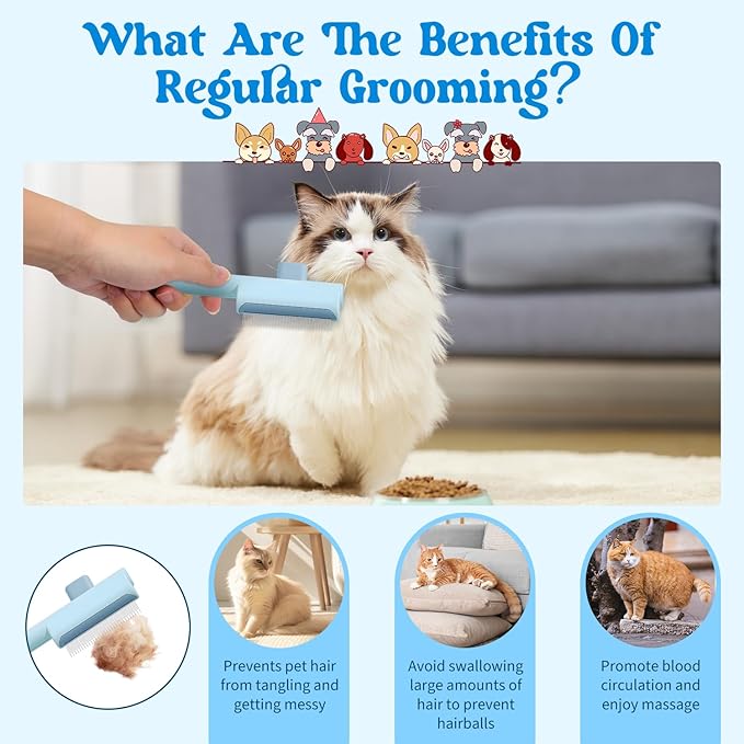 Pet Hair Removal Comb Flea Comb, 2025 New Cat Grooming Brush with Release Button, for Massaging and Cleaning Shedding Pets Hairs, De-Shedding Cat Brush for Short and Long Hair Cats (Blue+Green)