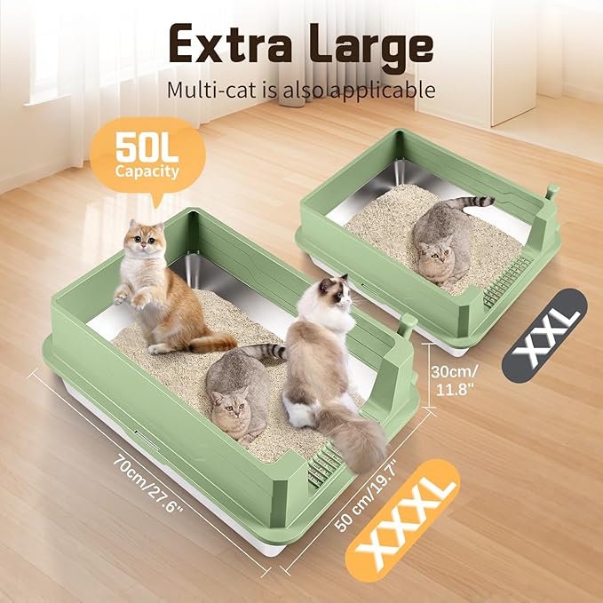 Extra Large Stainless Steel Litter Box, XXXL 27.6" H x 19.7" W x 11.8" H Metal High Sided Cat Litter Box with Scoop, Leak-Proof, Easy Clean for Big Cats/Multiple Cats (Green)