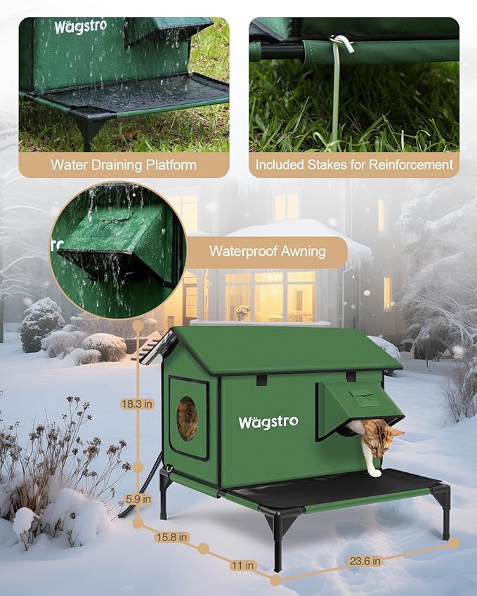 Large Heated Cat House for Outside with Dampless Deck, Highly Elevated, Exit-Only Door, Waterproof Insulated Outdoor Cat Shelter for Feral Stray Barn Cat