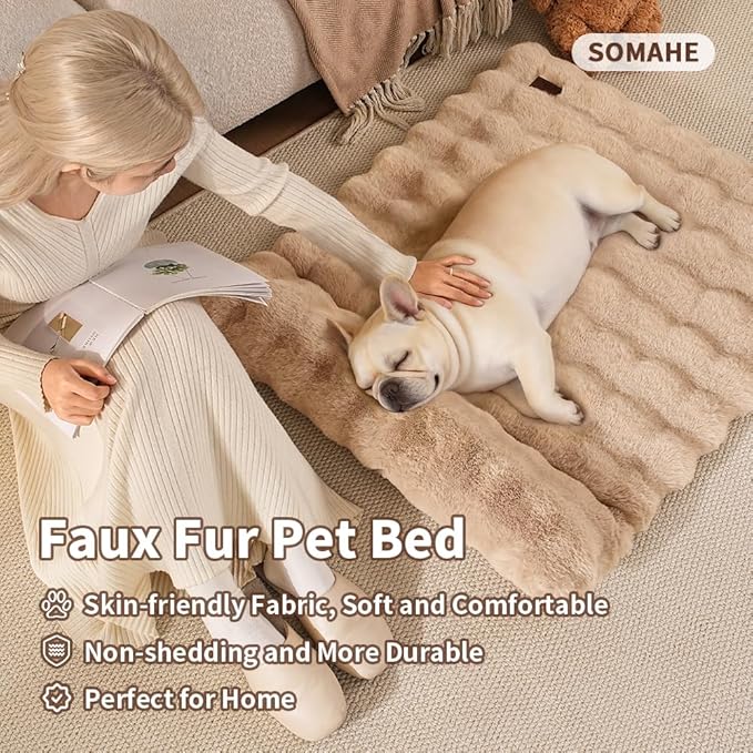 Plush Faux Fur Pet Bed Mat with Non-Slip Bottom, Self-Warming Cat Bed, Washable Pet Bed with Pillow for Cats & Medium Dogs, Machine Washable, 27x20 Inch, White