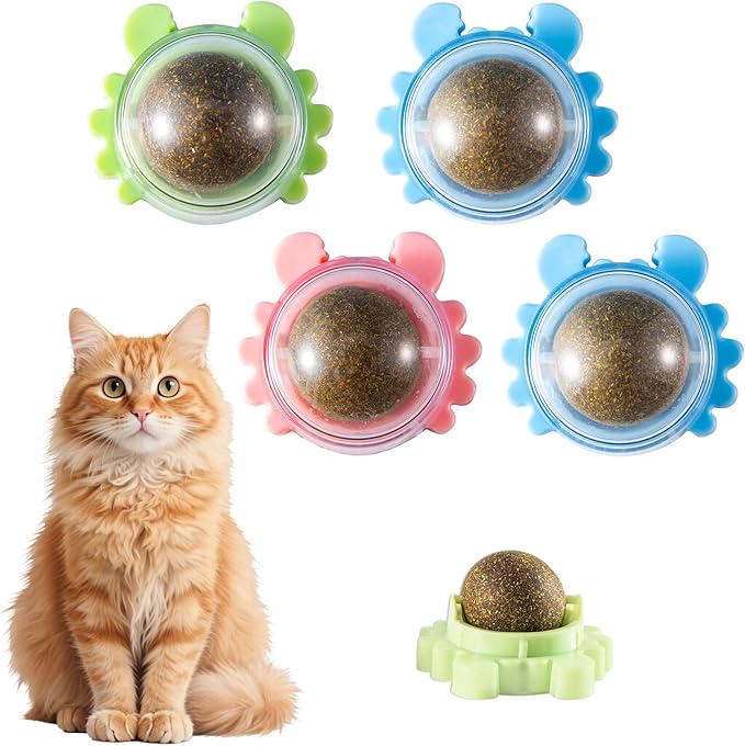 Catnip Balls for Cats - 4 Pack Wall-Mounted 360° Spinner Chew Toys, Freshens Teeth & Reduces Boredom, Natural Catnip Filled