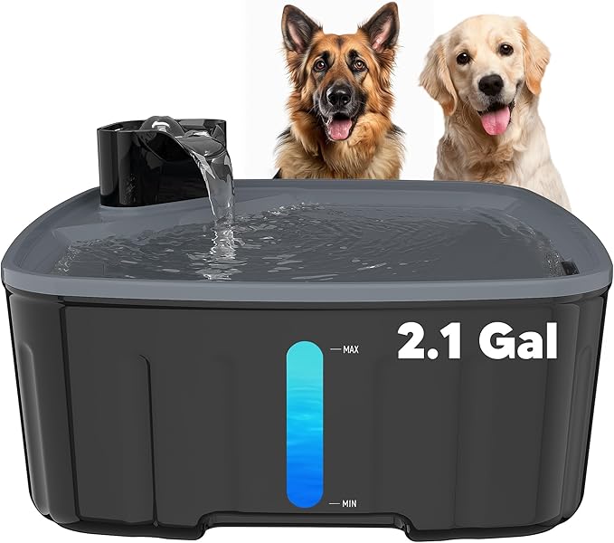 Dog Water Fountain for Large Dogs, 2.1GAL/8L/270oz Large Dog Water Fountain Bowl for Dog Inside,Dog Fountain with Water Level Window and Shortage LED Reminder, Ultra-Quiet Pump,Water Fountain for Dog