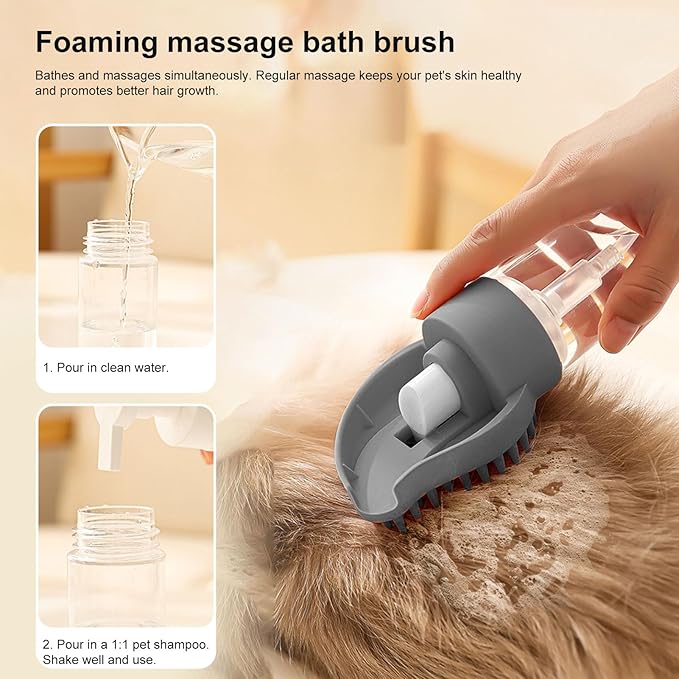 Pet Bath Brush with Soap Dispenser | Anti-Slip Grooming Comb for Dogs & Cats, Shedding Brush & Massager for Shower Bathing, Ergonomic Dog Brush & Cat Grooming Supplies