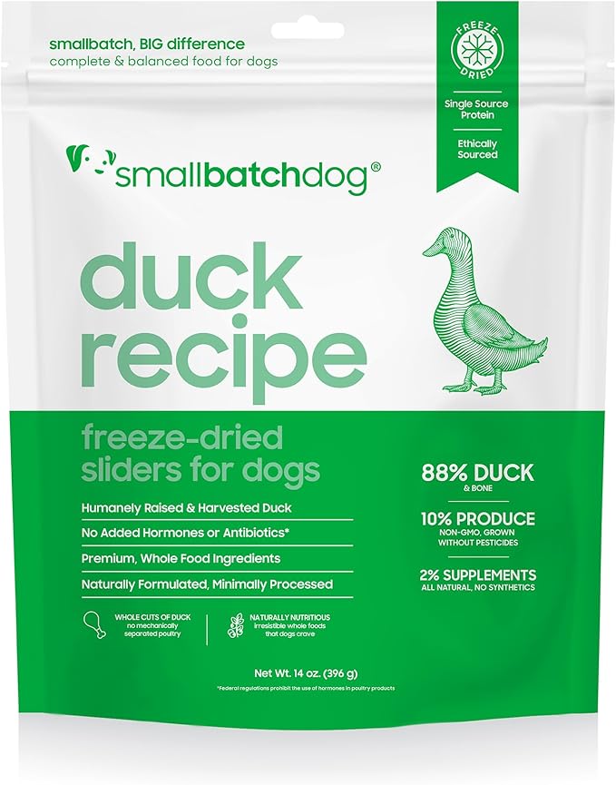smallbatch Pets Freeze Dried Raw Dog Food, Duck Recipe, 14 oz, Organic High Protein Dog Food, Grain Free, Made in The USA, Humanely Raised Meat, Single Protein, for Picky Eaters, Hydrate & Serve