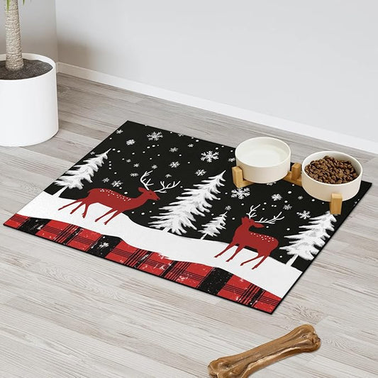 Christmas Forest Deer Dog Food Mat for Floors Absorbent, Quick Dry Water Dispenser Mat for Food, Water, Pet Supplies 17" x 30",