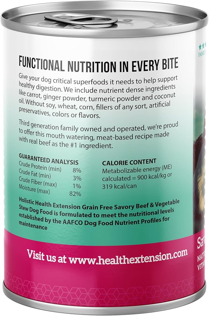 Health Extension Savory Beef Stew Grain-Free Wet Dog Food, 12.5 oz - Protein-Rich, Hydration Support, Ideal for All Breeds (Case of 12 Cans)