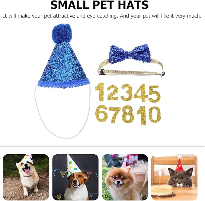 IMIKEYA Pet Birthday Party Hat and Bow Tie Set for Small Dogs, Blue Fuzzy Edge Hat with Number and Royal Blue Bow Tie, Dog Birthday Supplies for Puppy Celebration