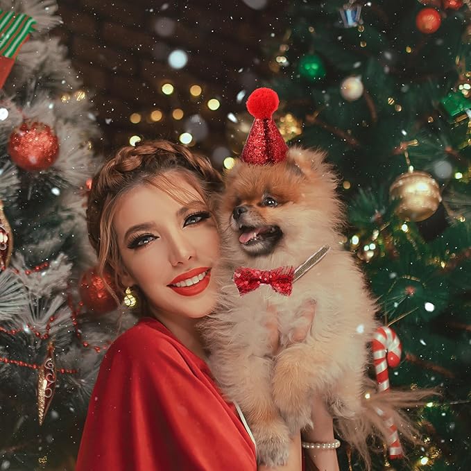 Cabilock Christmas Dog Headband Set 2pcs Red Hat and Bow Tie Pet Christmas Costume Accessories for Puppies Holiday Pet Supplies