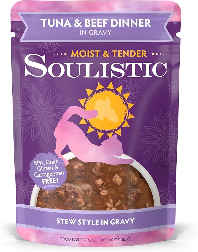 Soulistic Moist and Tender, Tuna and Beef Dinner in Gravy, 3oz Pouch, Pack of 8