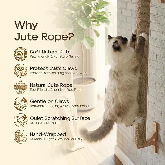 Wall Mounted Cat Scratcher 34' Sisal Cat Scratching Post Tree Kitten Sturdy Climbing for Indoor Cats Vertical Tall Wall Mounth Jute Fiber Cat Scratch Posts Tower Cat Climbing wall Systems