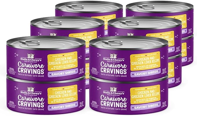 Stella & Chewy's Carnivore Cravings Savory Shreds - Wet Cat Food - High-Moisture Formula with Premium Cage-Free Chicken & Chicken Liver - Perfect for Picky Eaters - 2.8 oz, 12 Count