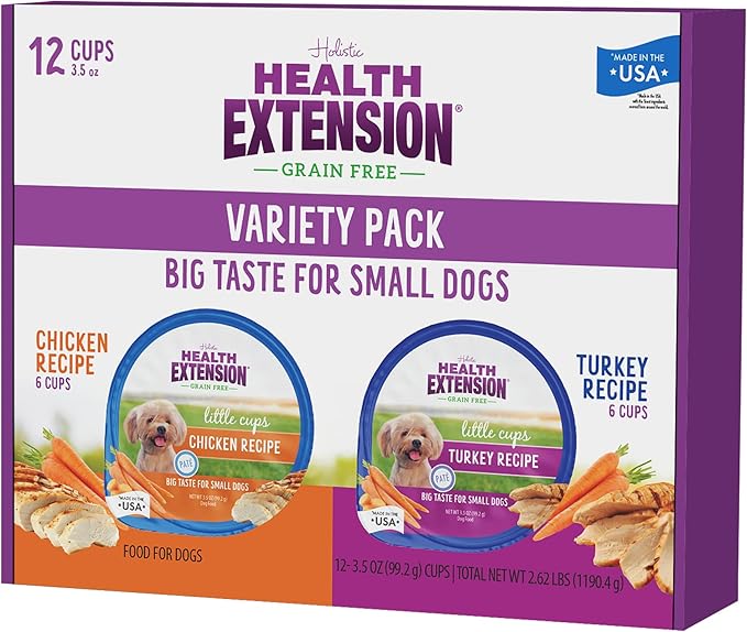 Health Extension Little Cups Grain-Free Wet Dog Food, Small Breed - Variety Box (6 Chicken/6 Turkey) 3.5 oz - Easy to Digest, Ideal for Picky Eaters (Case of 12 Cups)