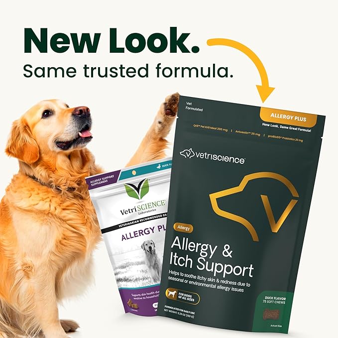 VetriScience Allergy & Itch Support Chews, Allergy Plus Skin Supplement for Dogs, Allergy Chews for Itching, Scratching, and Licking, Support Skin and Immune Health, Duck, 75 Count