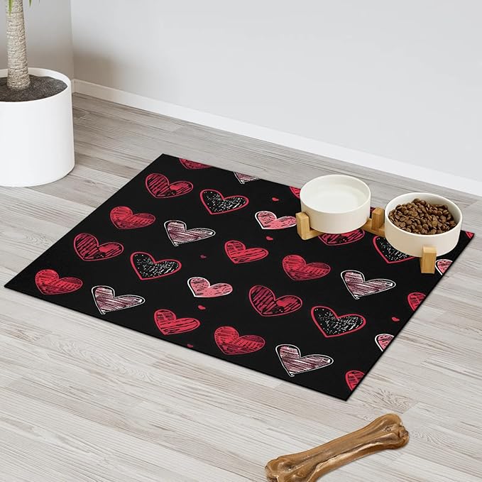 Valentine's Day Dog Food Mat for Floors Absorbent, Quick Dry Water Dispenser Mat for Food, Water, Pet Supplies 24" x 32", Black Red Love