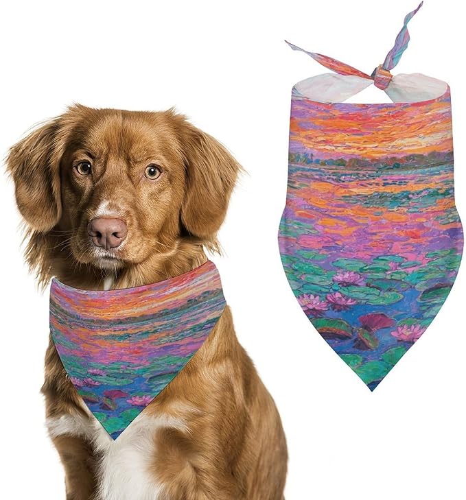 Dog Bandana Spring Pet Scarf Adjustable Triangle Monet Waterlily Printing Dog Bib Washable Polyester Puppy Bandana for Small Medium Large Dogs Cat Birthday Party Supplies