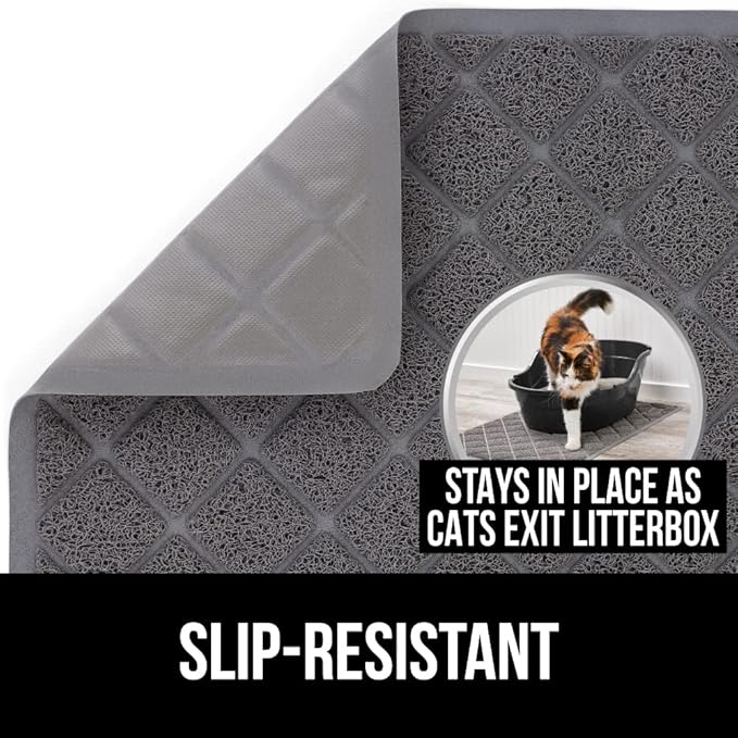 Gorilla Grip Thick Cat Litter Trapping Mat and Stainless Steel Dog Bowls Set of 2, Cat Mat is 47x35 Inch, Stainless Steel Dog Bowls Hold 2 Cups, Both in Gray Color, 2 Item Bundle
