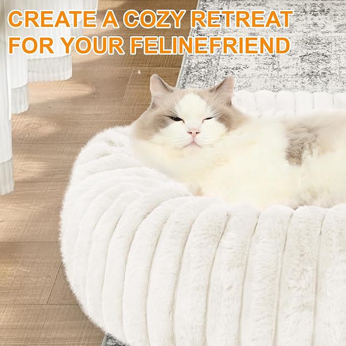 Washable Small Cat Dog Bed,Calming Anti Anxiety Round Donut Dog Bed,Cute Kitten Cat Beds for Indoor Cats,Fluffy Puppy Dogs Beds for Small Dogs, Anti-Slip Comfort Pet Bed(White, S)