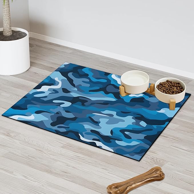 Blue Camouflage Dog Food Mat for Floors Absorbent Dog Bowl Mat for Food and Water Dispenser Quick Dry Cat Food Placemat Pet Supplies 12" x 20", Camo