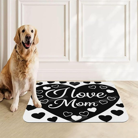 Dog Food Mats for Floors Happy Mother's Day Floral Gift Mom Black Absorbent Pet Cat Food Mat Quick Dry Dog Bowl Mats for Water Pet Supplies 18X12In