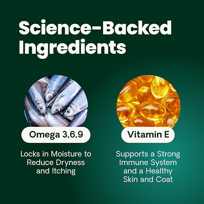 VetriScience Omega Healthy Skin Capsules, Omega 3.6.9 Fish Oil Supplement for Dogs and Cats, Skin Health, Coat Growth, Reduce Shedding, Over 750 mg Omega Fatty Acids per Capsule, Gel Caps, 90 Count