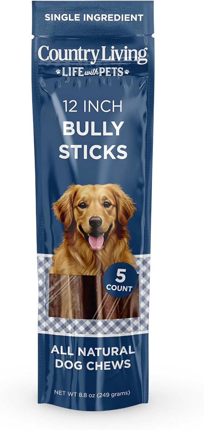 Country Living 12” Bully Sticks for Dogs – Standard – 5 Count Bag – All-Natural, Single- Ingredient, Long-Lasting Dog Chews