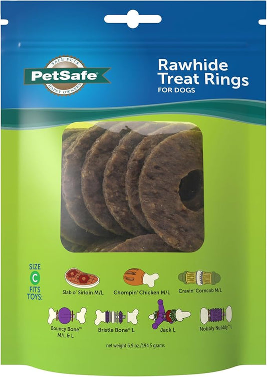 PetSafe Busy Buddy Natural Rawhide Rings - Long-Lasting Dog Chew Refills - Engaging Dog Treat for Training & Playtime - Original Rawhide Flavor - Size C - 16 Rings