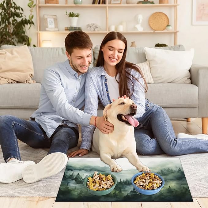 Misty Forest Dog Food Mat for Floors Absorbent, Quick Dry Water Dispenser Mat for Food, Water, Pet Supplies 17" x 30", Nature Woodland
