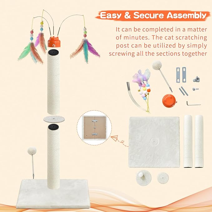 Cat Scratching Post ，41.3" Tall Automatic Teaser Wand Scratching Post with Sisal Rope，Interactive Automatic Rotating Hanging Balls Cat Toys for Indoor Cats and Adult