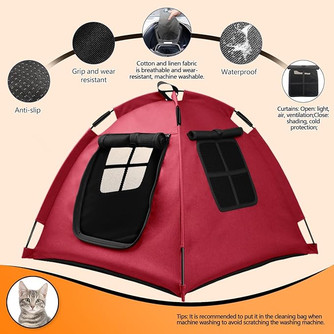Portable Pet Tent with Full-Enclosure Zippered Mesh Door, Indoor & Outdoor Cat House for Safety & Ventilation, Cozy Nest for Cats, Puppies & Small Animals (Red)