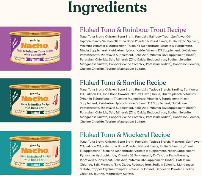 Made by Nacho Flaked Filets Recipe in Bone Broth, Grain-Free Chef's Selects Wet Food for Cats Balanced Diet in Naturally Hydrating Pumpkin-Infused Broth (3.0 oz (Pack of 12), Flaked Fish Variety Pack)