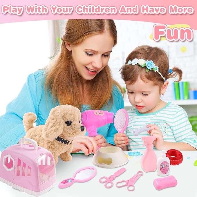 14PCS Dog Toys for Kids, Walking Barking Electronic Interactive Plush Puppy Toy with Carrier and Accessories, Pet Care Toy Set for Kids, for Girls and Boys 3 4 5 6+ Year Old