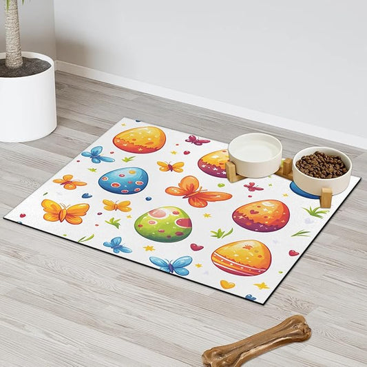 Spring Easter Dog Food Mat for Floors Absorbent Dog Bowl Mat for Food and Water Dispenser Quick Dry Cat Food Placemat Pet Supplies 12" x 20", Spring Butterfly