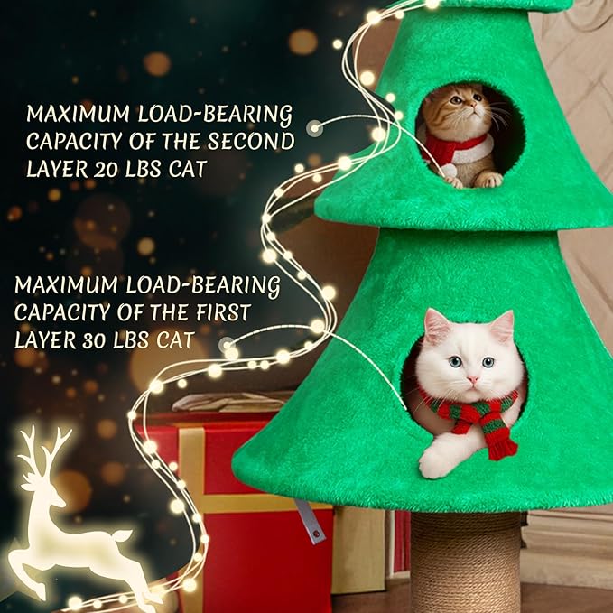 Outvita 59in Large Tall Christmas Tree Cat Tower with 2 Cat Condos & Scratching Post, Soft Fleece Cat Tree with Teaser Toy & Sturdy Base & Built-in Openings for Indoor Cats, Green