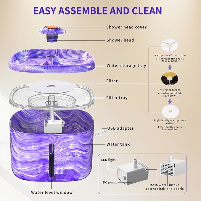 Cat Water Fountain Purple Cute: 84oz/2.5L Automatic Pet Water Fountain for Cats Indoor, Flower Kitty Spout Fountain & LED Blue Light, Upgraded Ultra Quiet Pump, Gifts for Cats, Dogs (8Filters)