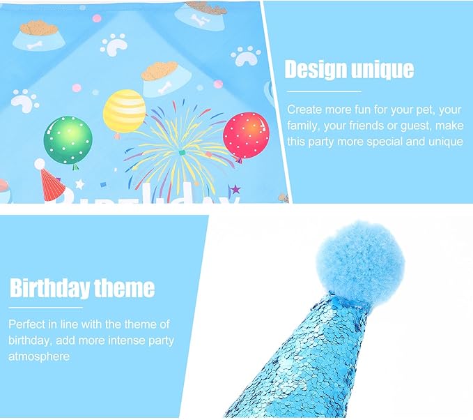 Dog Birthday Hats and Bandanas Set 3pcs Pet Party Accessories with Blue Birthday Hat and Sky Blue Scarf Decorative Pet Supplies