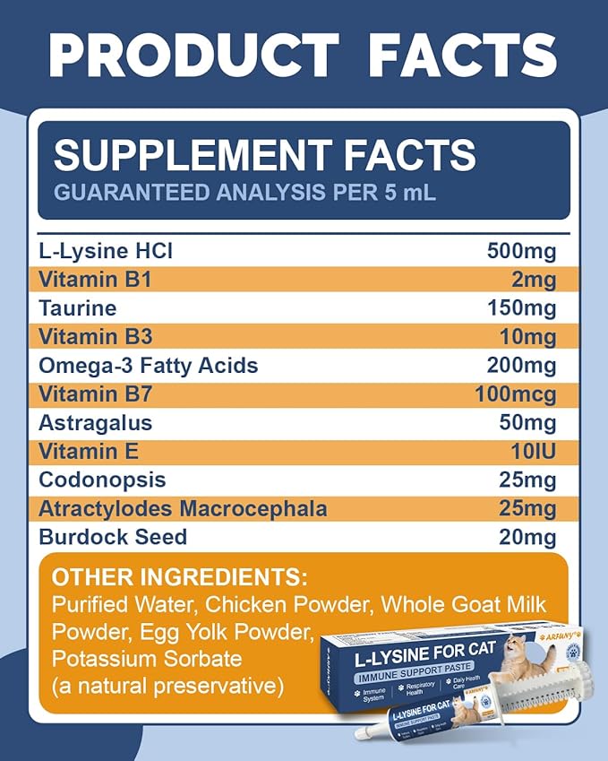 L-Lysine for Cats - Lysine for Cats - Immune System, Normal Eye Function and Respiratory Health - Cat Lysine Paste with Taurine, Omega-3, Vitamins - 60ML, Chicken Flavor