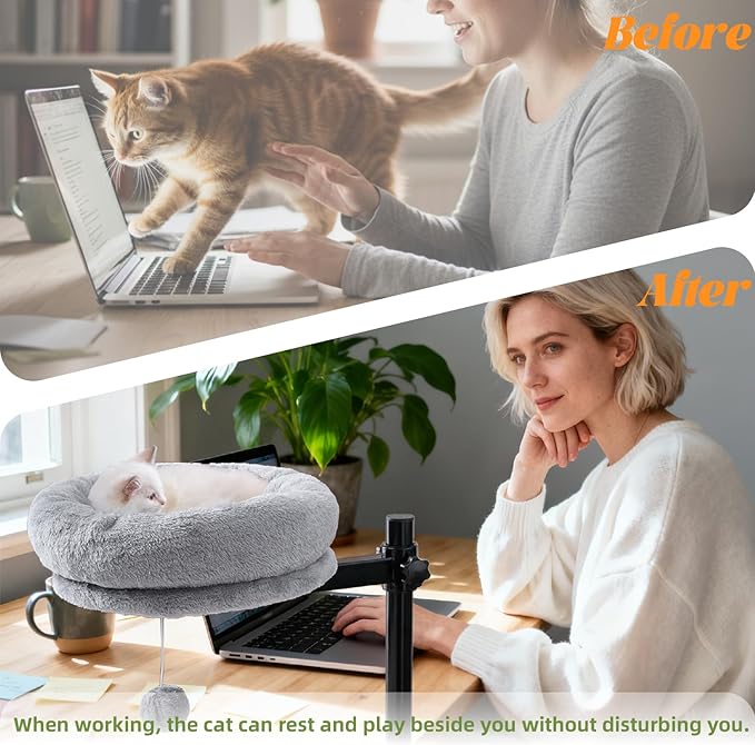 BYBYME Cat Desk Bed for Indoor Cats, Kitty Bed for Worktable Supports 44 lbs, 360° Rotation & Adjustable, Soft Cat Nest Desktop with Hanging Ball for Office Desks Home Tables, 12" in Diameter（Gray）