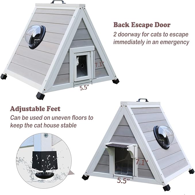 Deblue Outdoor Cat House for Feral Cats, Weatherproof Wooden Cat House for Small Pets, Unique Cat Shelter with Escape Door, Clear Window-Grey