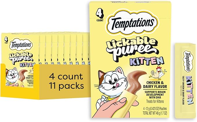 Temptations Puree Kitten Cat Treats Lickable, Chicken & Dairy Flavor, 4 Pouches (Pack of 11)